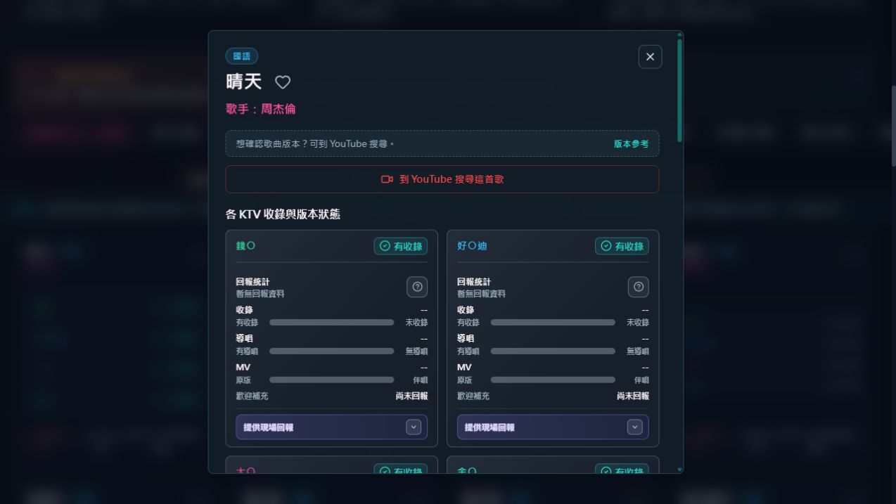周杰倫〈晴天〉的歌曲詳情操作示意,分別顯示各 KTV 的收錄狀態與回報統計。